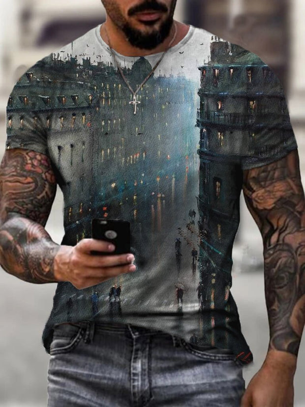 Watercolor Street View Print Round Neck Men's Short Sleeve T-Shirt