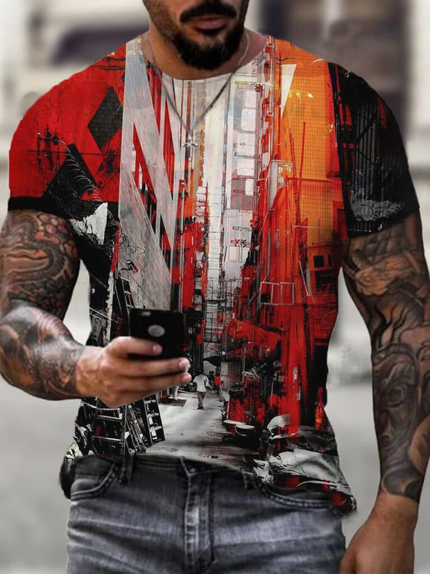 Personalized graffiti street view print short-sleeved men's T-shirt