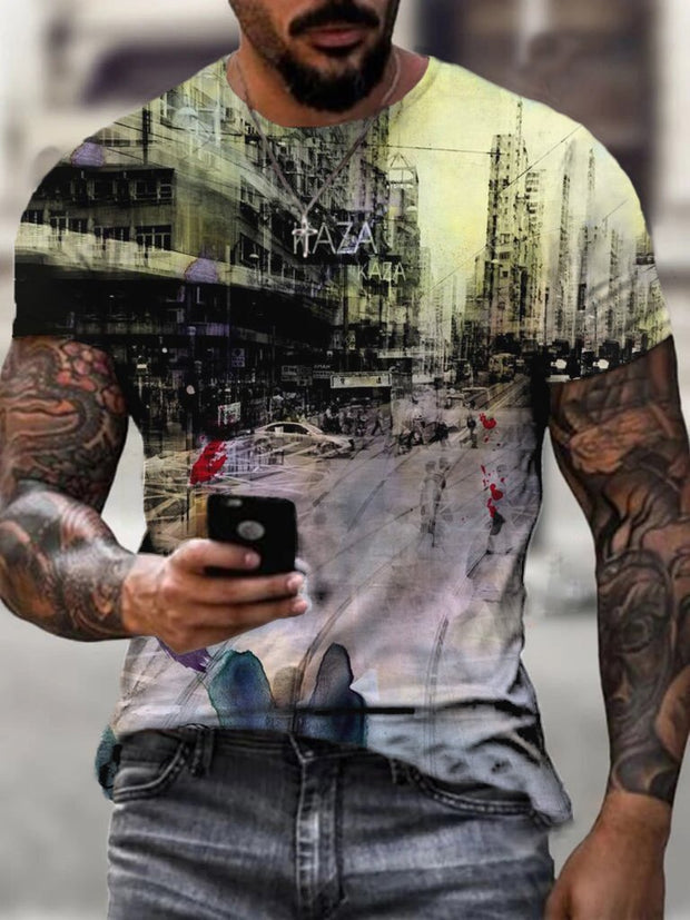 Vintage Street View Print Short Sleeve Men's T-Shirt