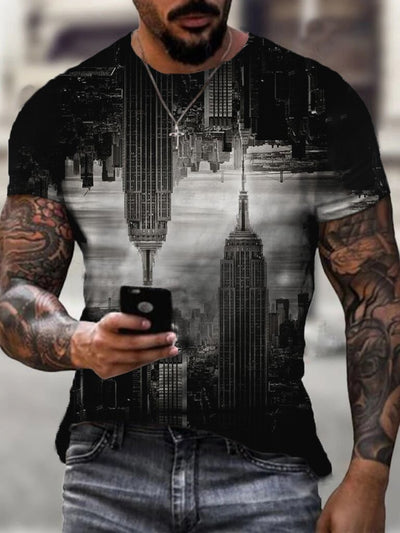 Upside Down Black & White Empire State Building Print Short Sleeve Men's T-Shirt