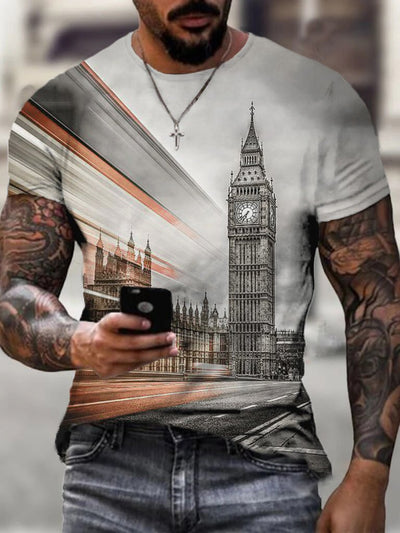 Fashion personality Big Ben print short-sleeved men's T-shirt