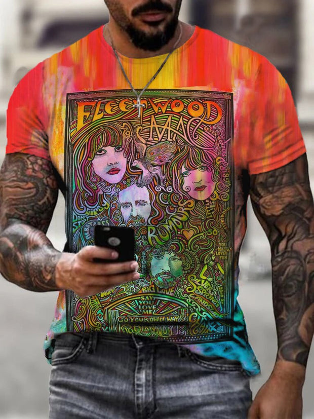 Gradient Rock Band Print Round Neck Men's Short Sleeve T-Shirt