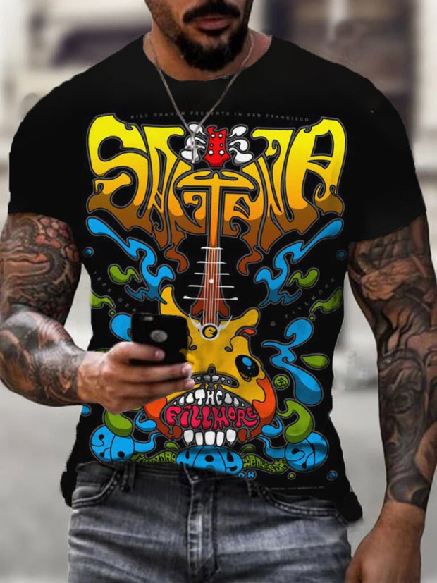Music Guitar Print Crew Neck Men's Short Sleeve T-shirt