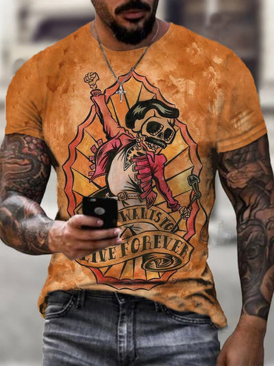 Rock Skull Head Print Crew Neck Men's Short Sleeve T-shirt