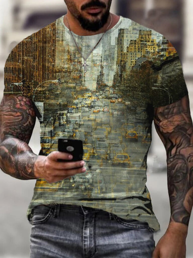 Fashion City Road Scenery Printed Round Neck Men's Short Sleeve T-Shirt