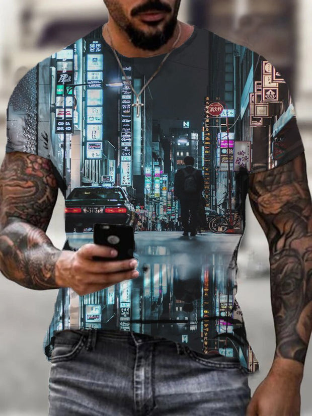 Fashionable city night scene print round neck men's short-sleeved T-shirt