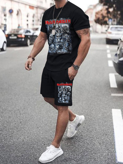 Rock skull print short-sleeved T-shirt and printed shorts set