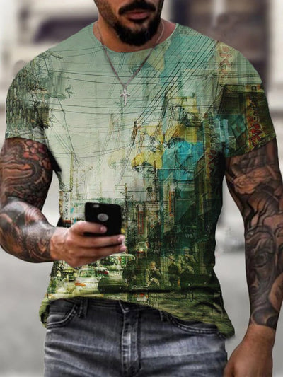 Nostalgic urban graffiti print short-sleeved men's T-shirt