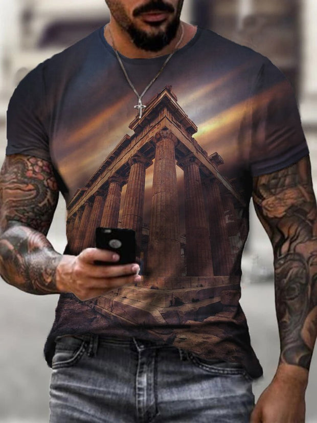 Light and Shadow Parthenon Print Short Sleeve Men's T-Shirt