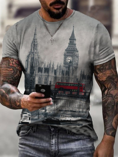 Fashion Big Ben Printed Round Neck Men's Short Sleeve T-Shirt